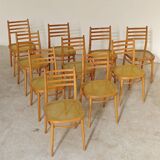 Set of 10 Bystrice tone wooden and caned chairs from the 1960s.