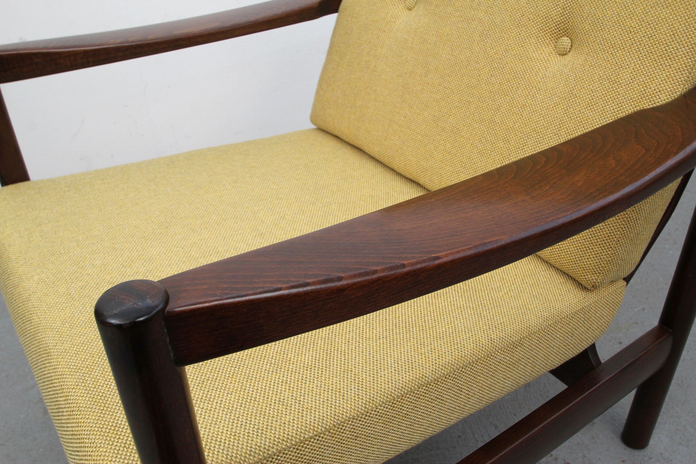 Mid-century walnut armchair in yellow 1960s