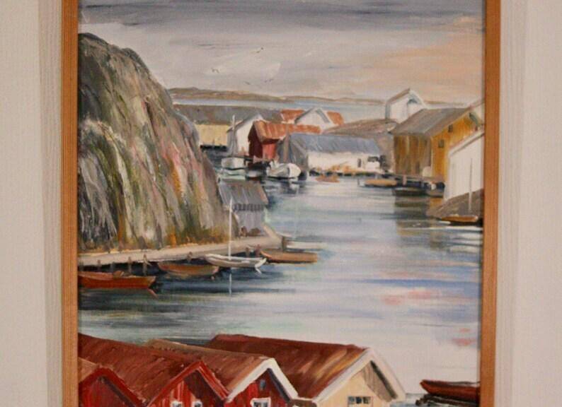 Mid Century Oil on Canvas – “Port View” by Rita Hansen – Vintage & Framed
