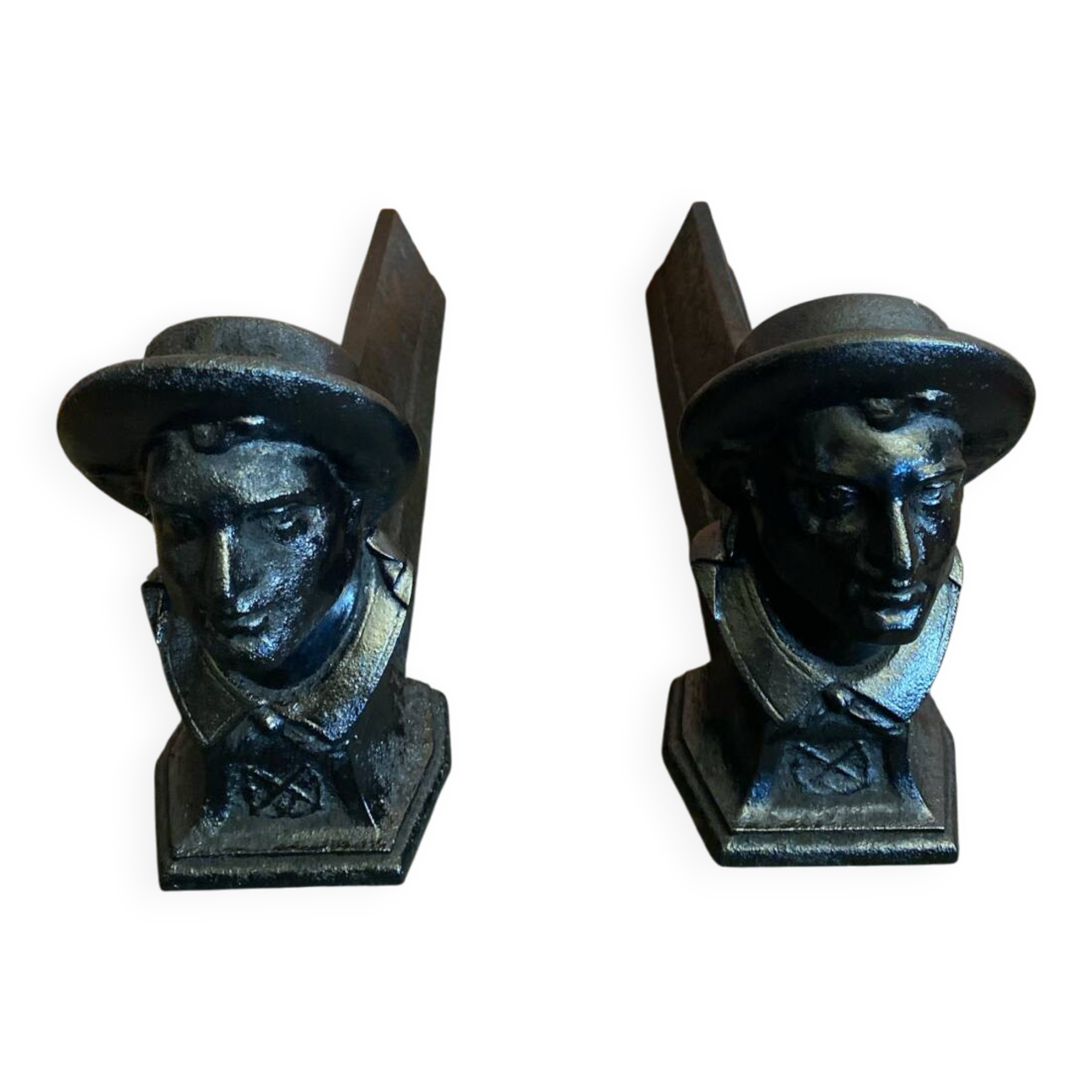 Pair of Fireplace Chenets Man with Hat Black Cast Iron Vintage #D703