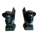Pair of Fireplace Chenets Man with Hat Black Cast Iron Vintage #D703