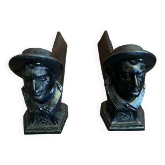 Pair of Fireplace Chenets Man with Hat Black Cast Iron Vintage #D703