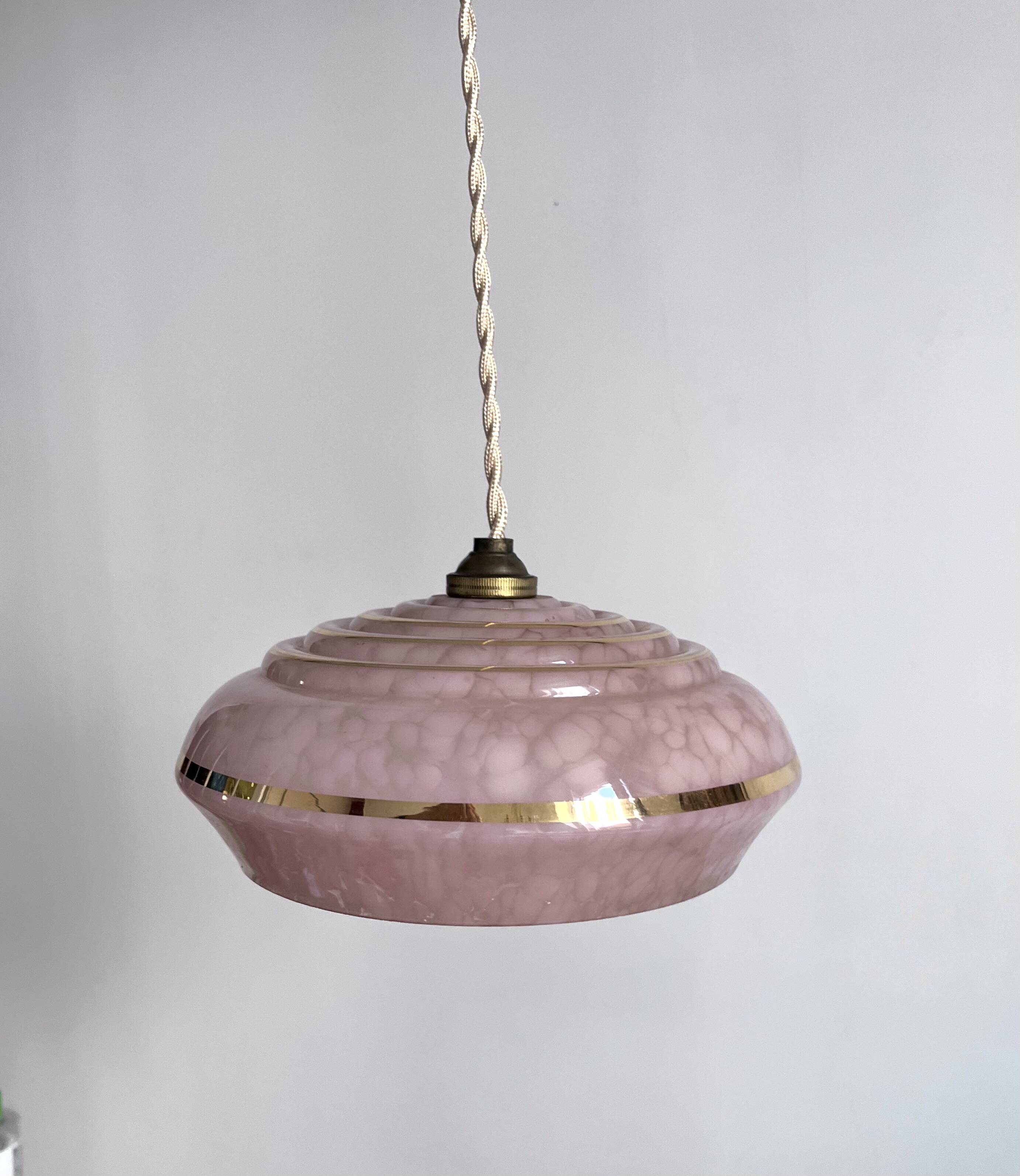 Art Deco opaline glass pendant light Clichy rose gold trim