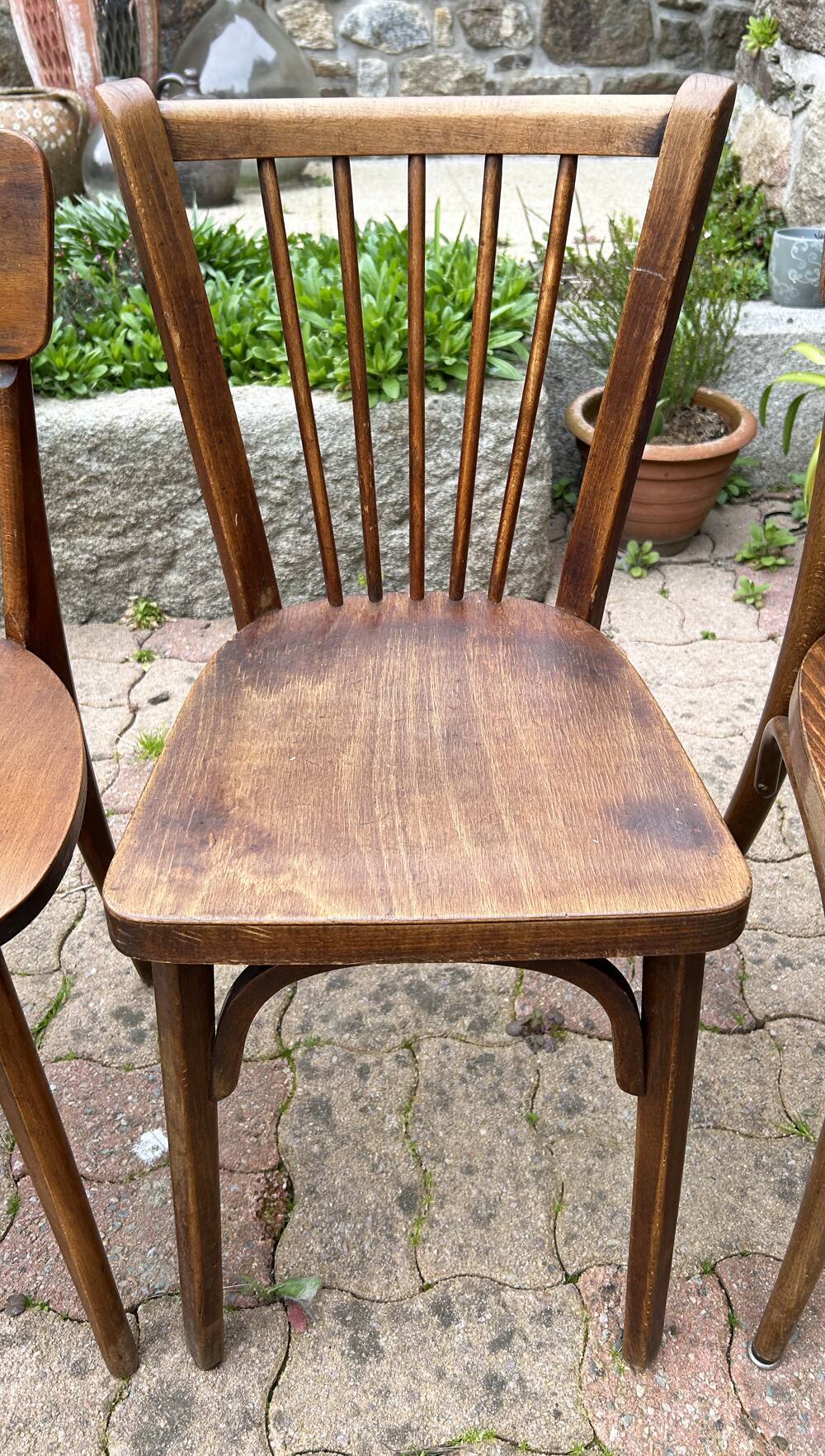 Set of 8 vintage bistro chairs, 50s, 60s, dark oak.