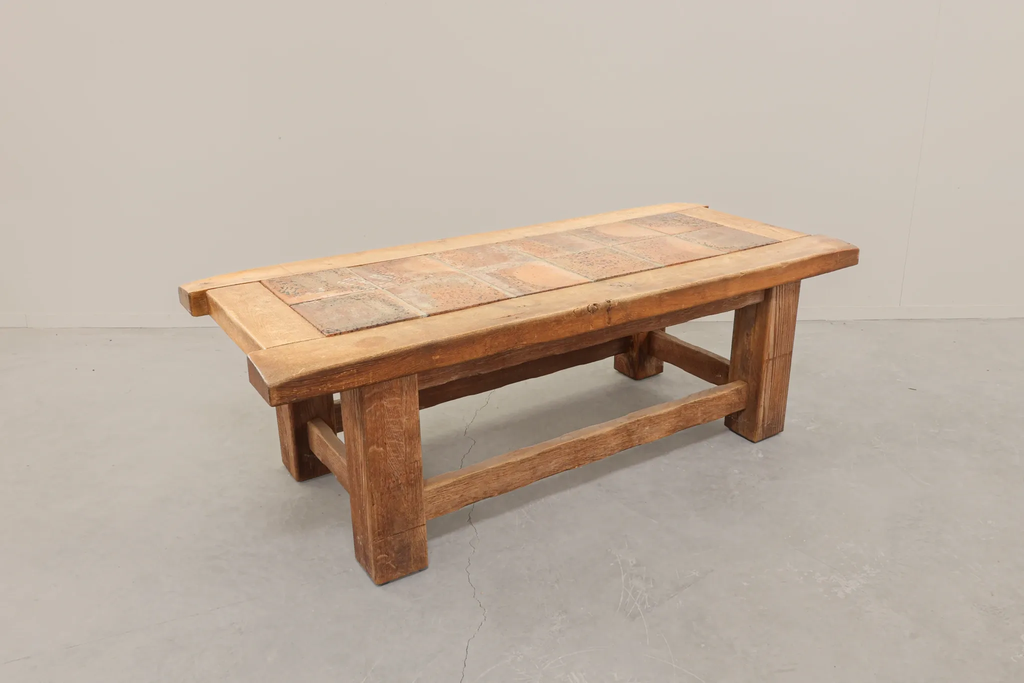 Brutalist Oak Coffee Table with Red Terracotta Tiles, 1950s