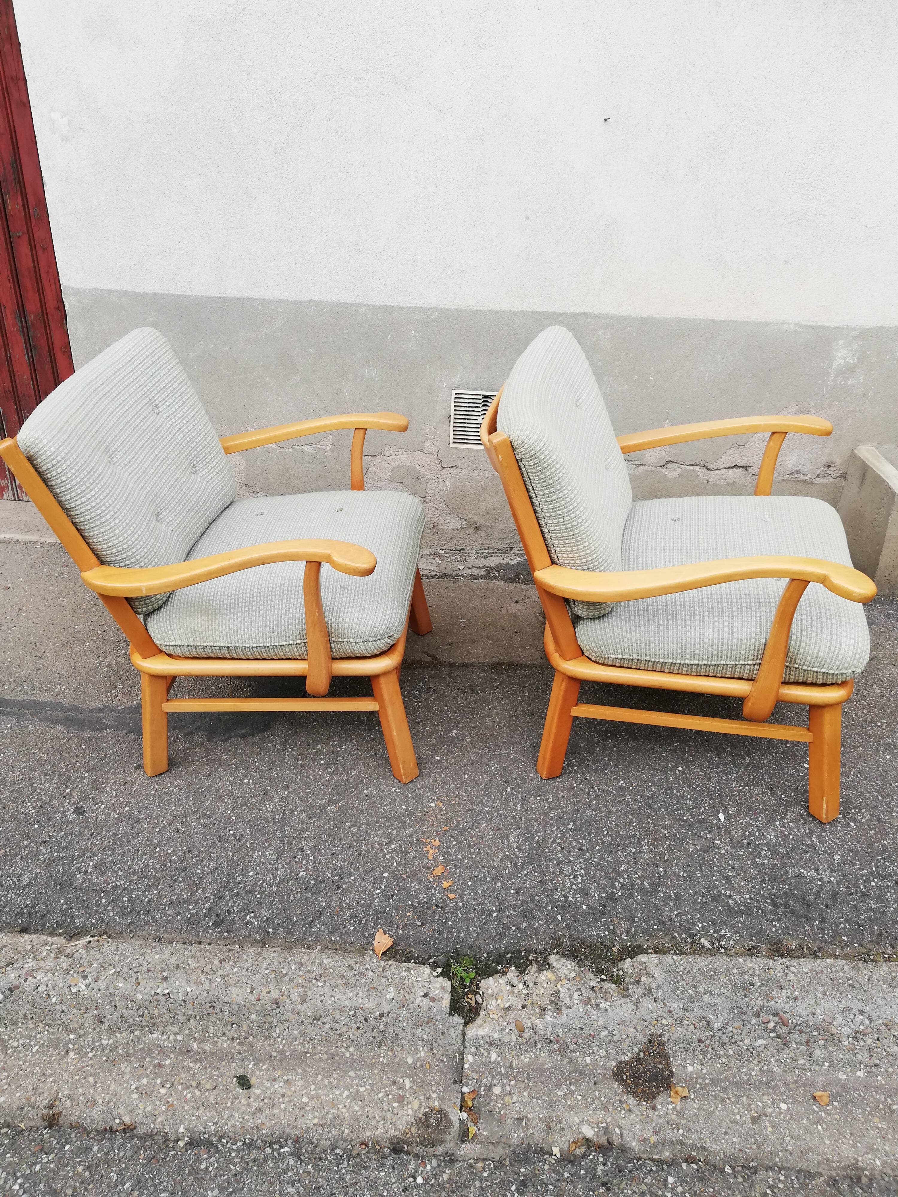 Pair of vintage pastel green fabric armchairs
