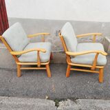 Pair of vintage pastel green fabric armchairs