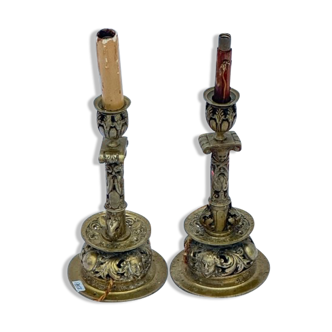 Pair of candle holders mounted in lamps