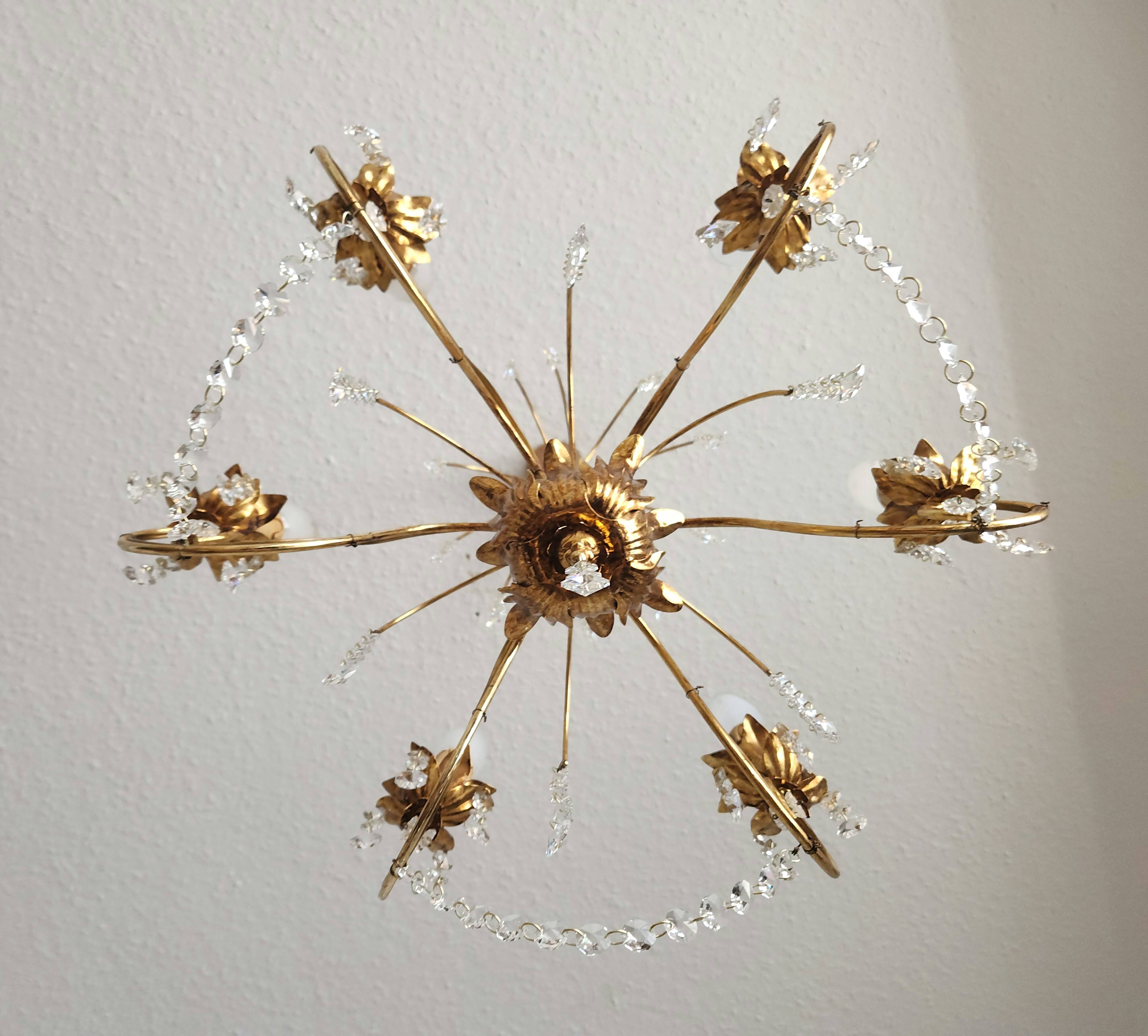 Messing doré lustre à 6 lumières lampe cristal cascade 1950-1970