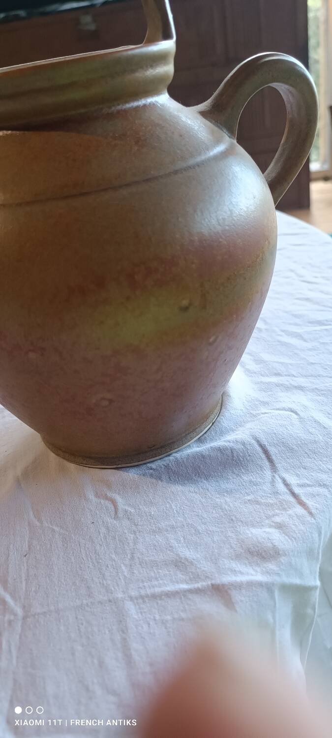 Iridescent carafe and 3 stoneware mazagrans from Digouin. Handmade work.