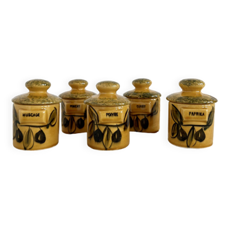 5 vintage ceramic spice jars signed Vallauris Provençal style