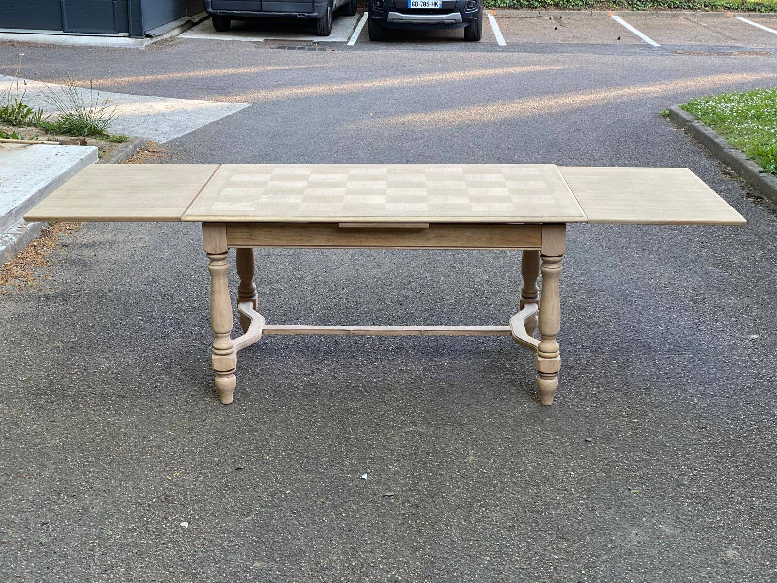 Extendable rectangular farmhouse table renovated oak and marquetry 255cm