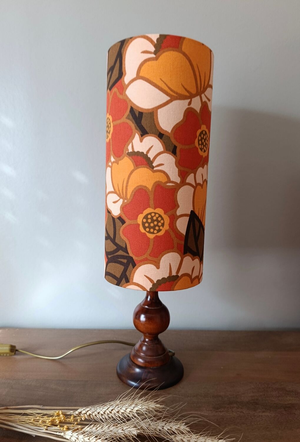 vintage turned wood lamp, floral lampshade in seventies style