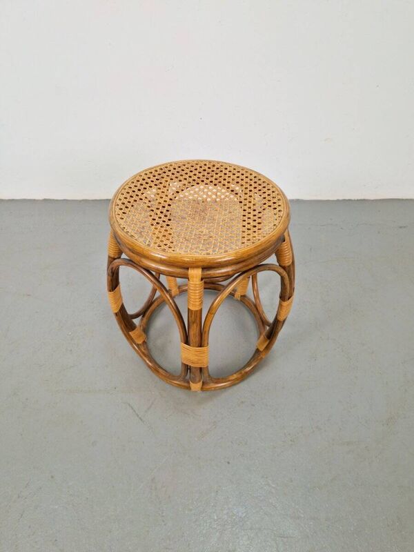 Tabouret rond en bois cintré et en osier, années 1970