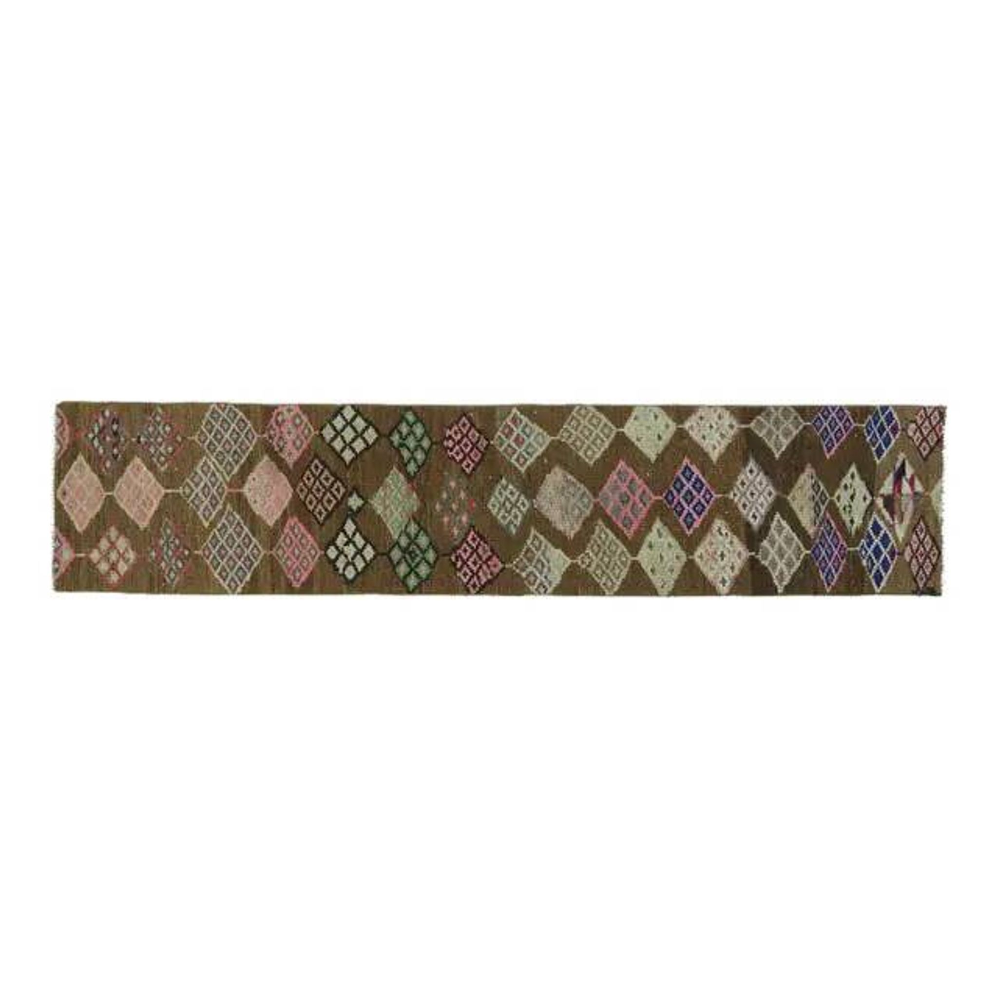 1970s Vintage Turkish Oushak Handmade Wool Cotton Brown Runner Rug 63x295