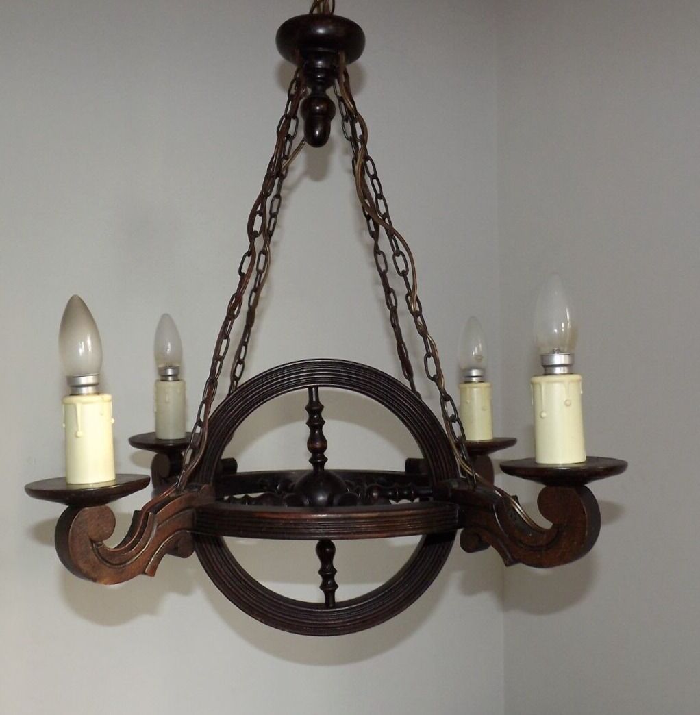 French vintage rustic 4 light wheel chandelier hand