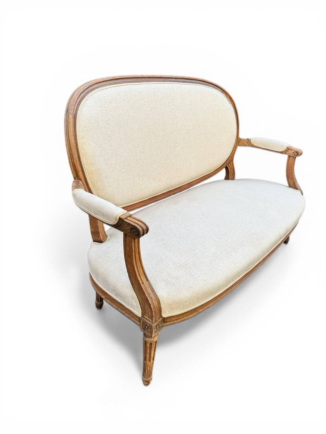 Louis XVI style bench, raw oak, ecru fabric, circa 1900s.