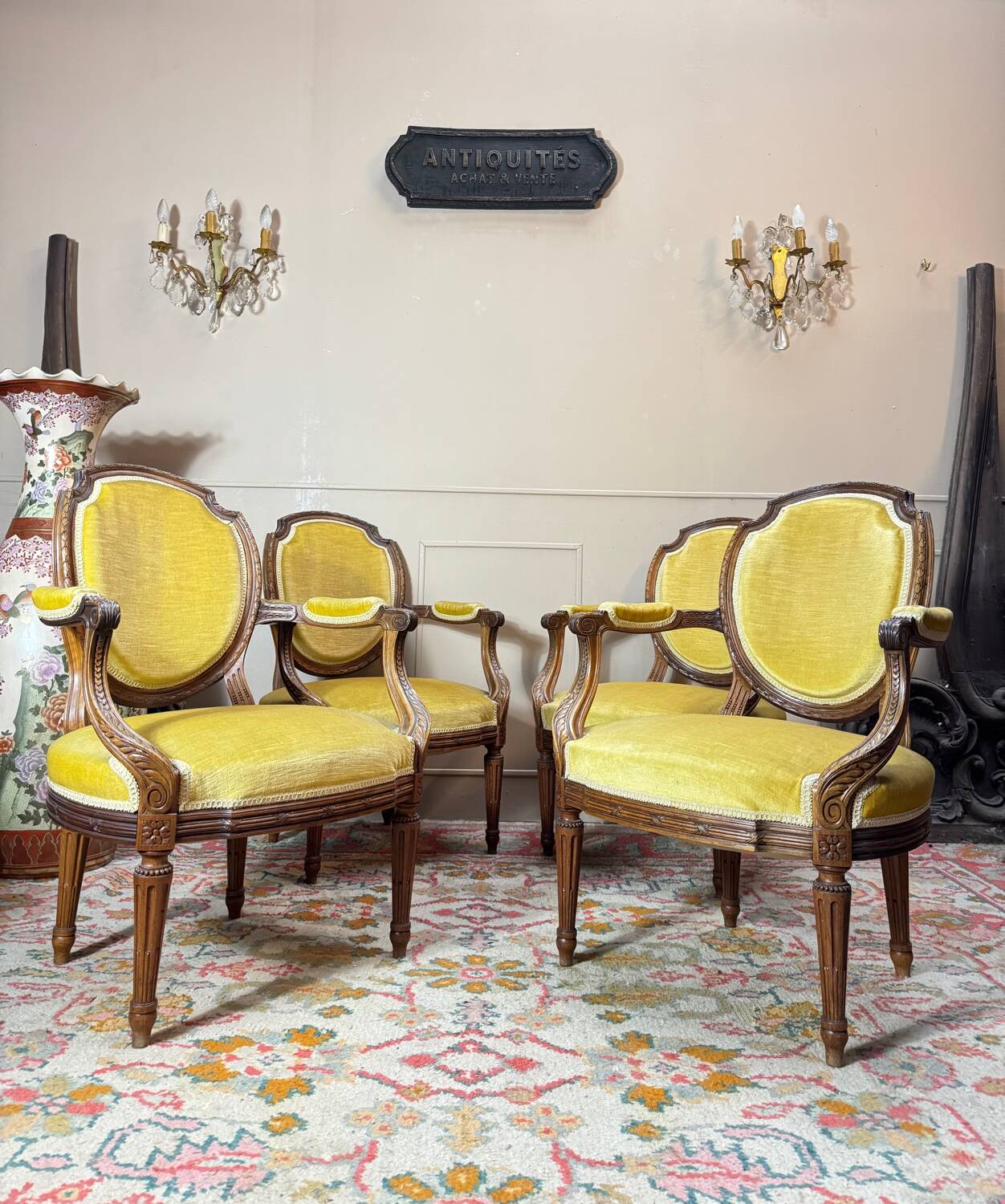 Set of four natural wood armchairs in louis xvi style 19th century