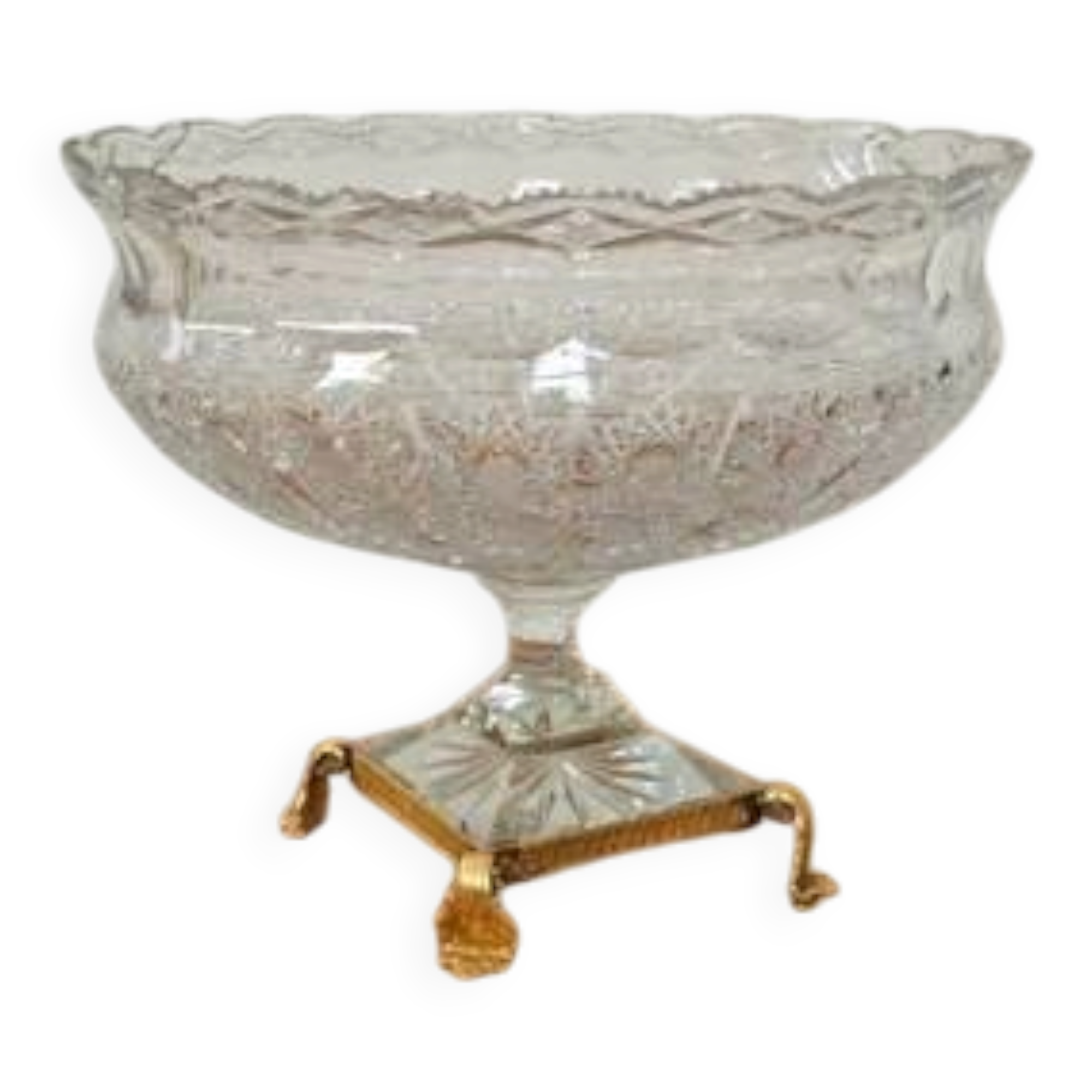 Cut crystal bowl on a brass base in bohemian style.