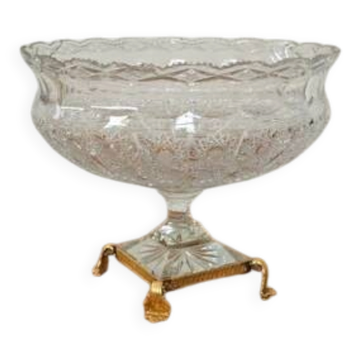 Cut crystal bowl on a brass base in bohemian style.