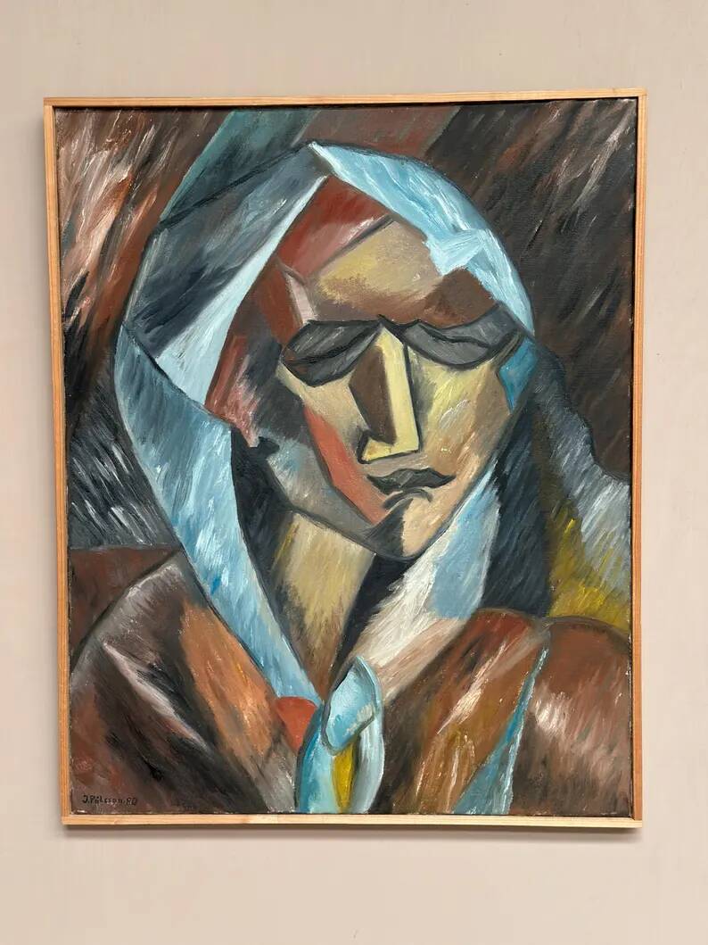 Original Swedish Oil on Canvas – “Cubist Woman Portrait” by Jan Pålsson – Signed – Dated 1980 – Vintage & Framed – 77 × 62 cm