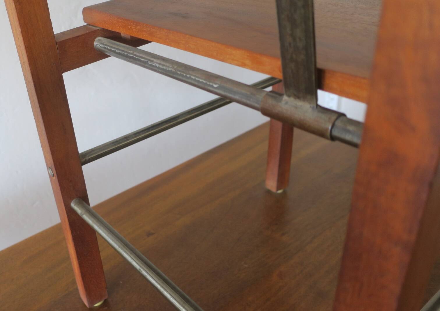 Brutalist 6 chairs and dining table in teak and patinated steel, 1960s