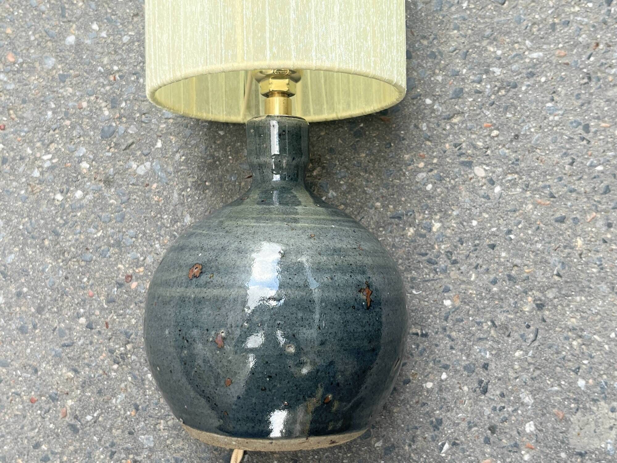 Vintage blue pyrite stoneware lamp 1970s raffia rope lampshade ribbons 70s bohemian