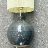 Lampe en grés pyrité bleu vintage 1970 abat-jour corde raphia rubans années 70 bohème