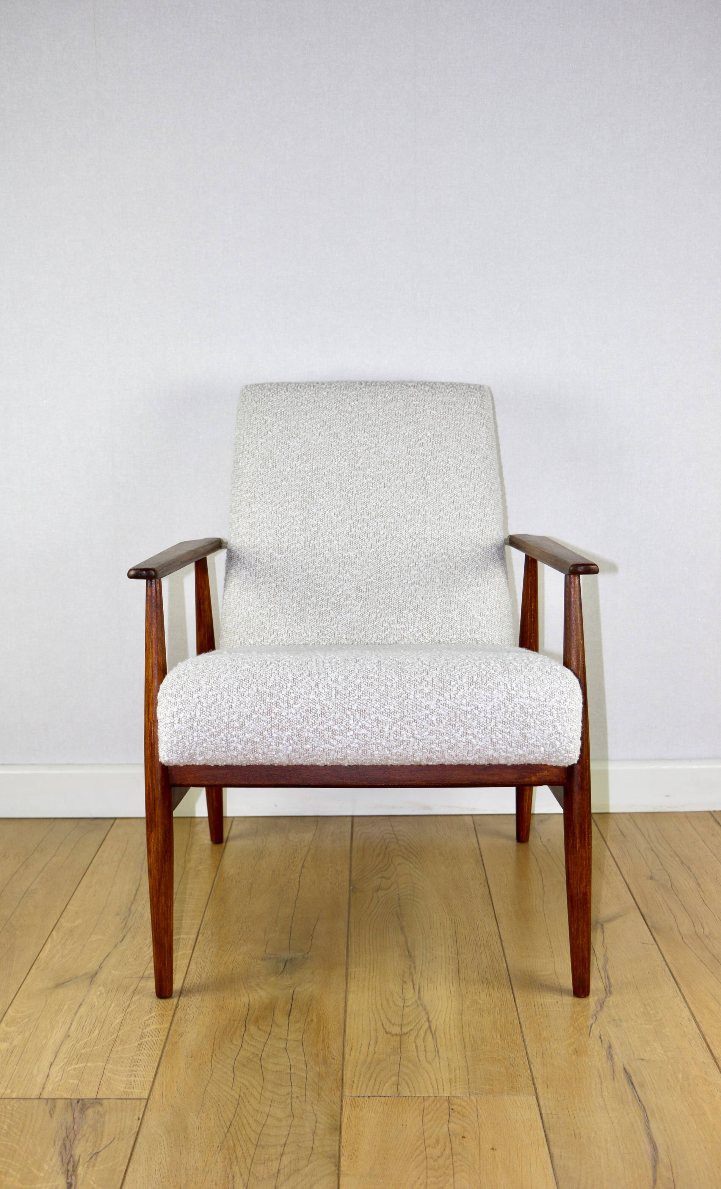 Armchair 'Lis', 1970s, white boucle, design by Henryk Lis - dark wood - 2 pieces available