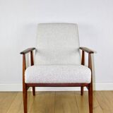 Armchair 'Lis', 1970s, white boucle, design by Henryk Lis - dark wood - 2 pieces available