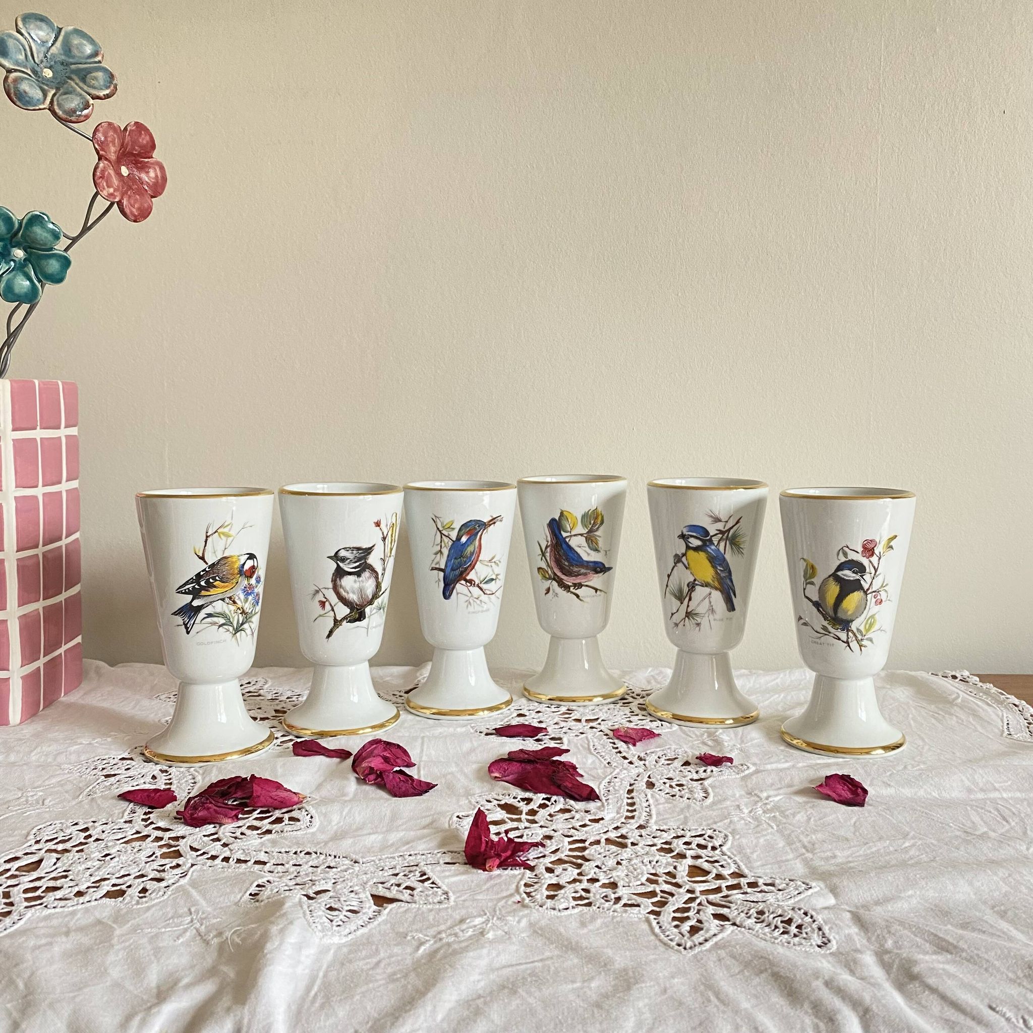 Set of 6 Mazagrans Birds Coffee Cup Mug Porcelain Limoges