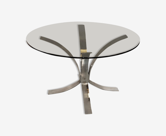 Table ronde chromée verre fumé année 70