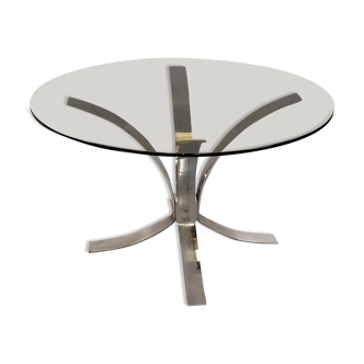 Table ronde chromée verre fumé année 70