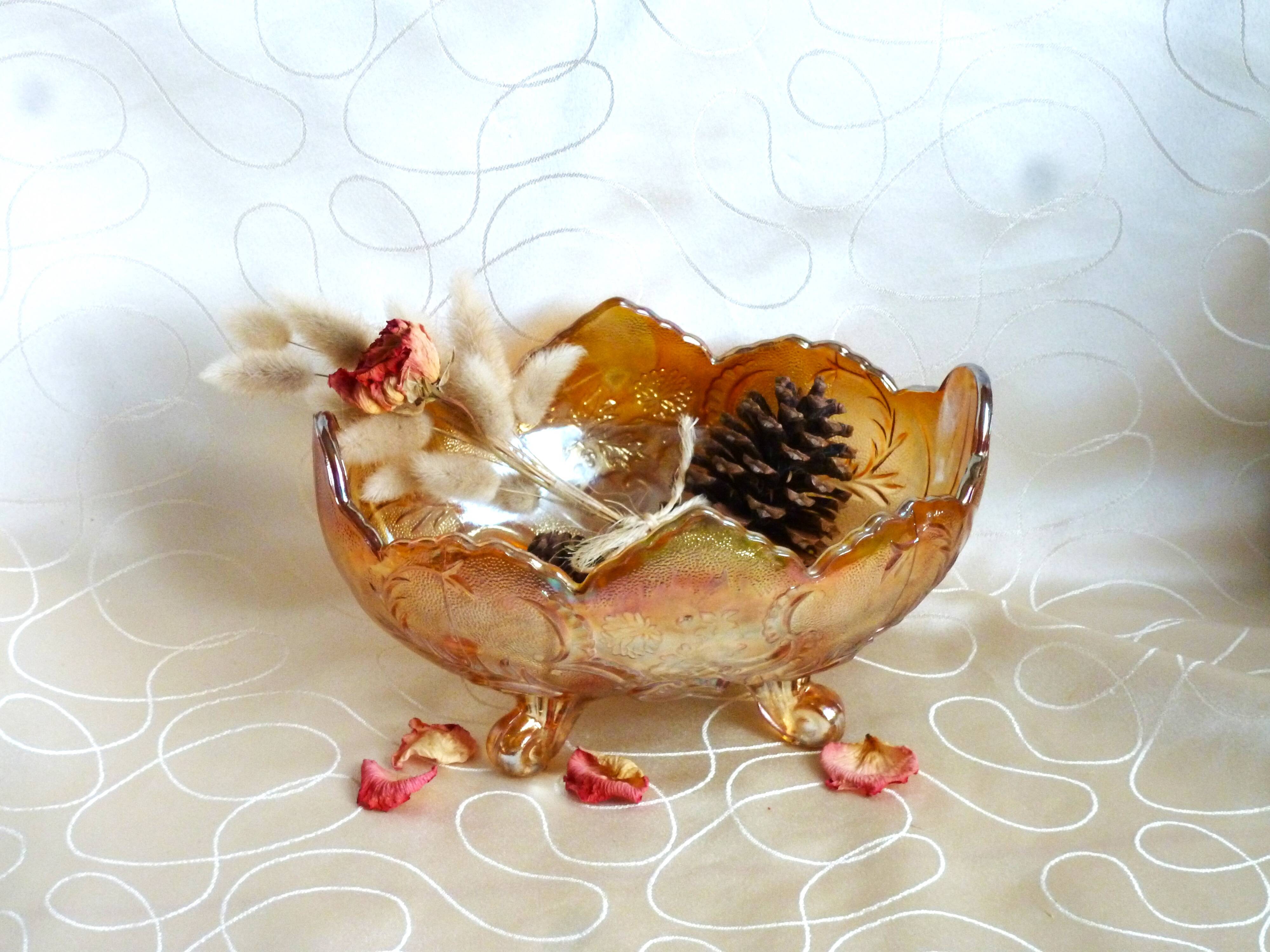 Glass fruit basket, Inwald Carnival molded glass bowl.