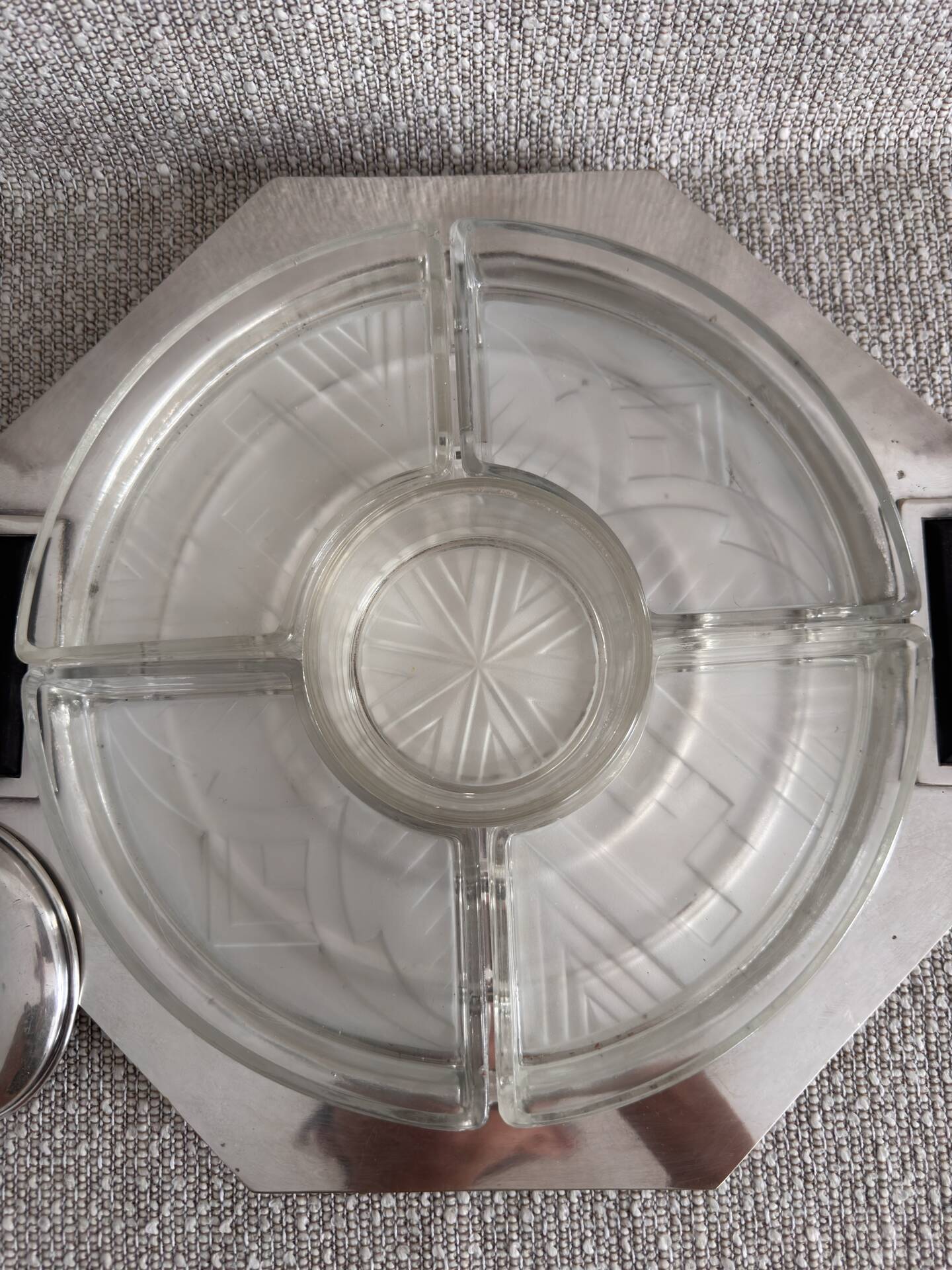 Art Deco silver-plated metal and glass serving platter for appetizers.