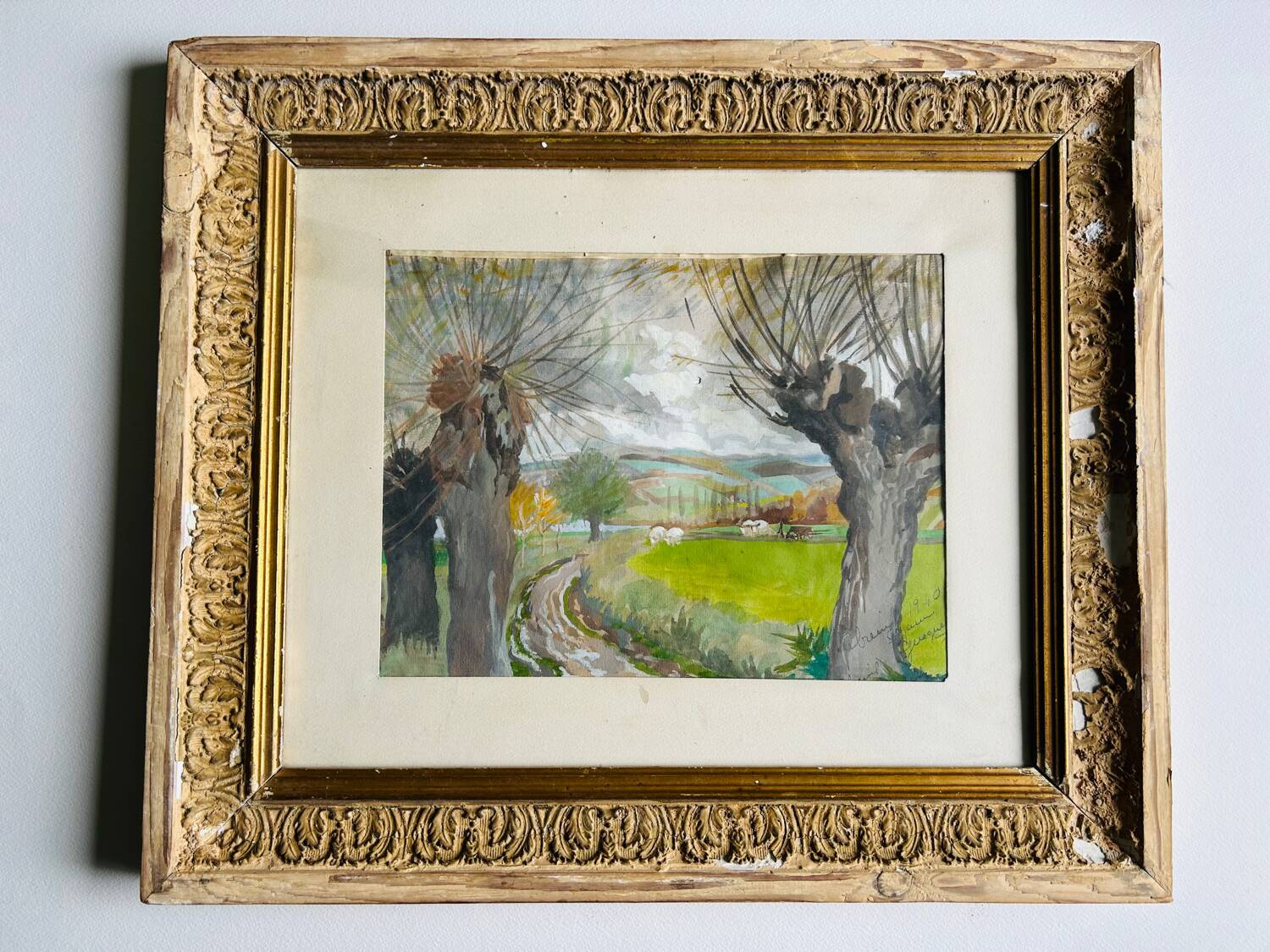 Oeuvre originale, Paysage d'Hiver Breton, Gouache de Suzanne Gueguen, 1940