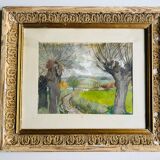 Oeuvre originale, Paysage d'Hiver Breton, Gouache de Suzanne Gueguen, 1940