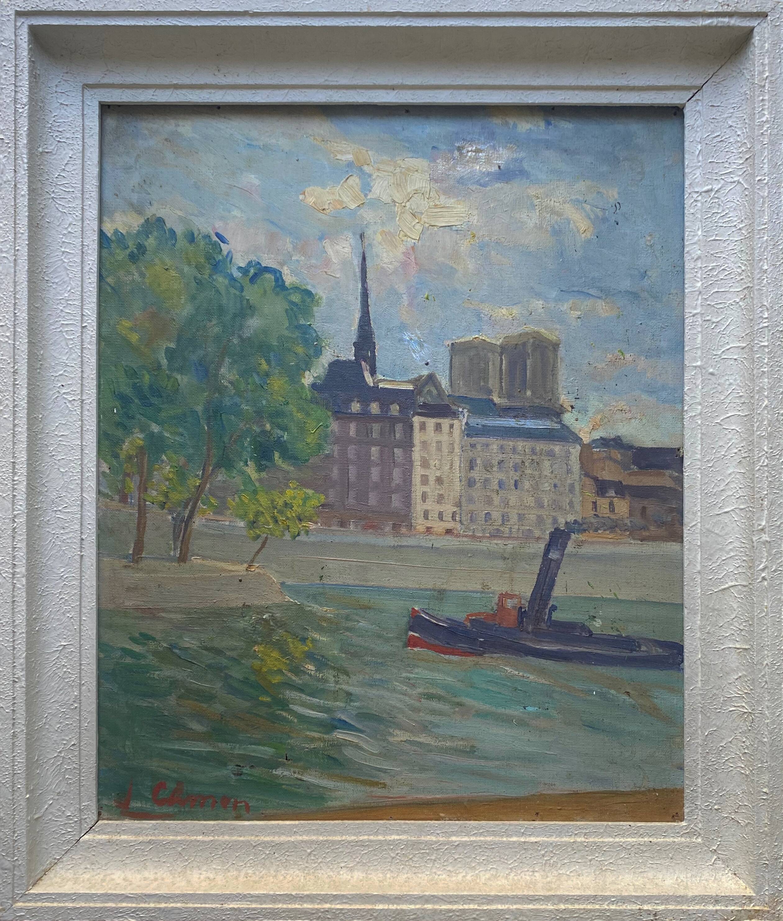 Painting "View of the Seine with tugboat" Paris signed circa 1950
