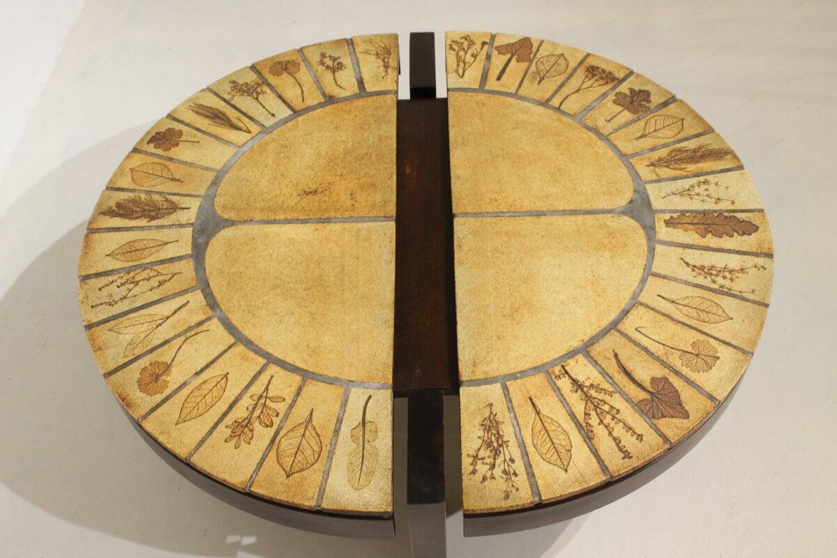 Round coffee table herbarium Roger Capron, Vallauris - ceramic and wooden structure
