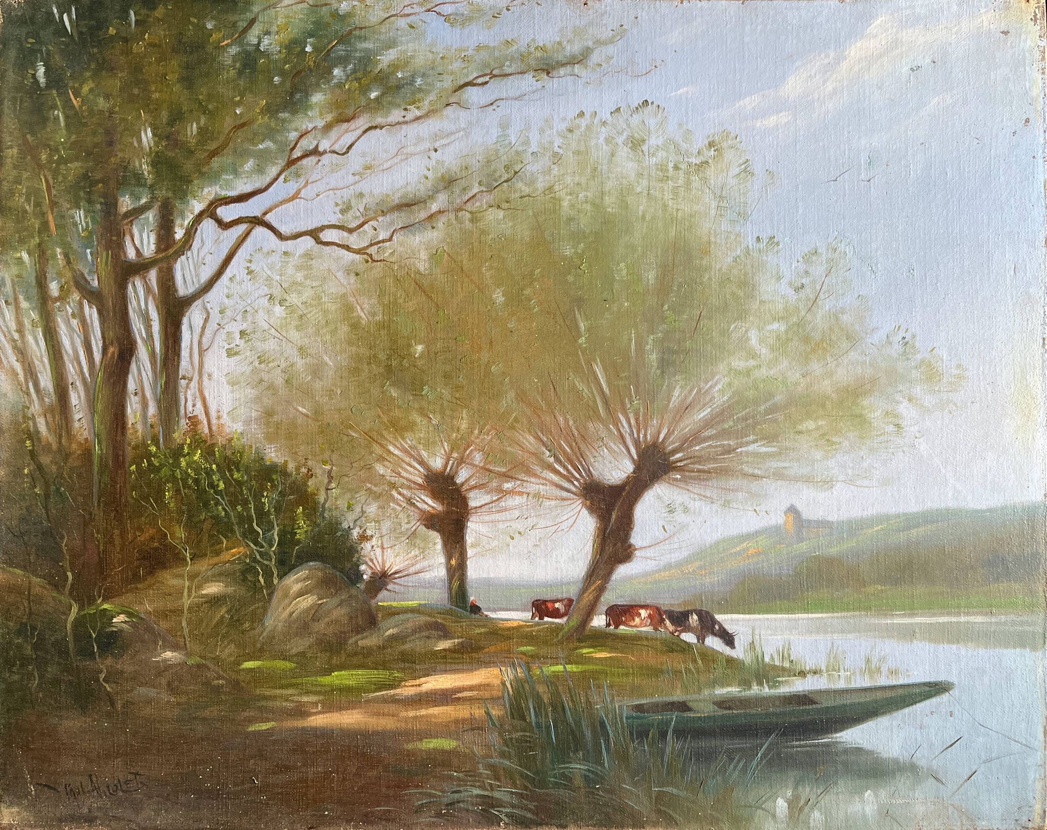 Tableau HST "Landscape by the Water with Cows" signed Paul Nicolet (20th century)