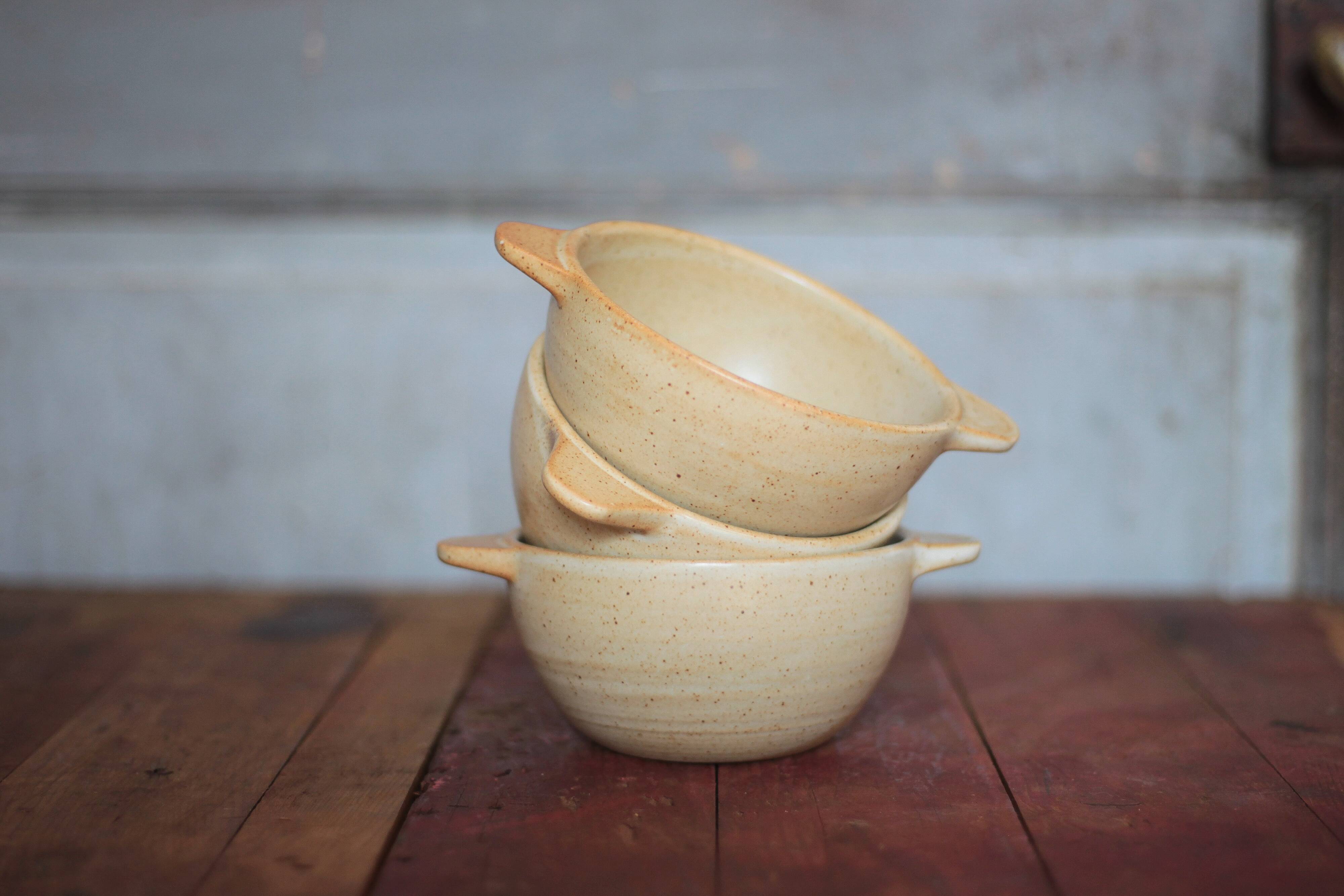 Set of 3 vintage village stoneware bowls, breakfast bowl, vintage ear bowl.