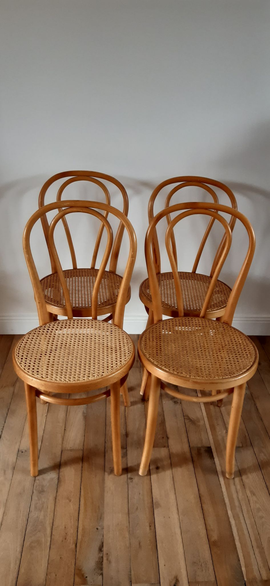 Set of 4 bistro chairs in turned wood and cannage rattan 50s