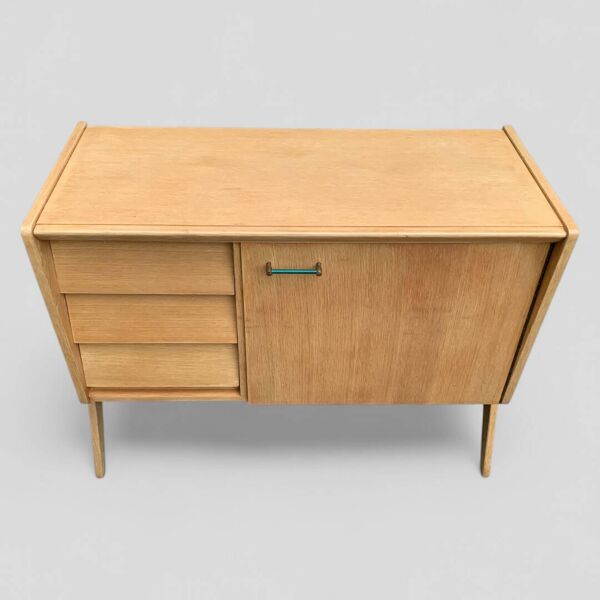 Buffet commode vintage pieds compas chêne clair 1960