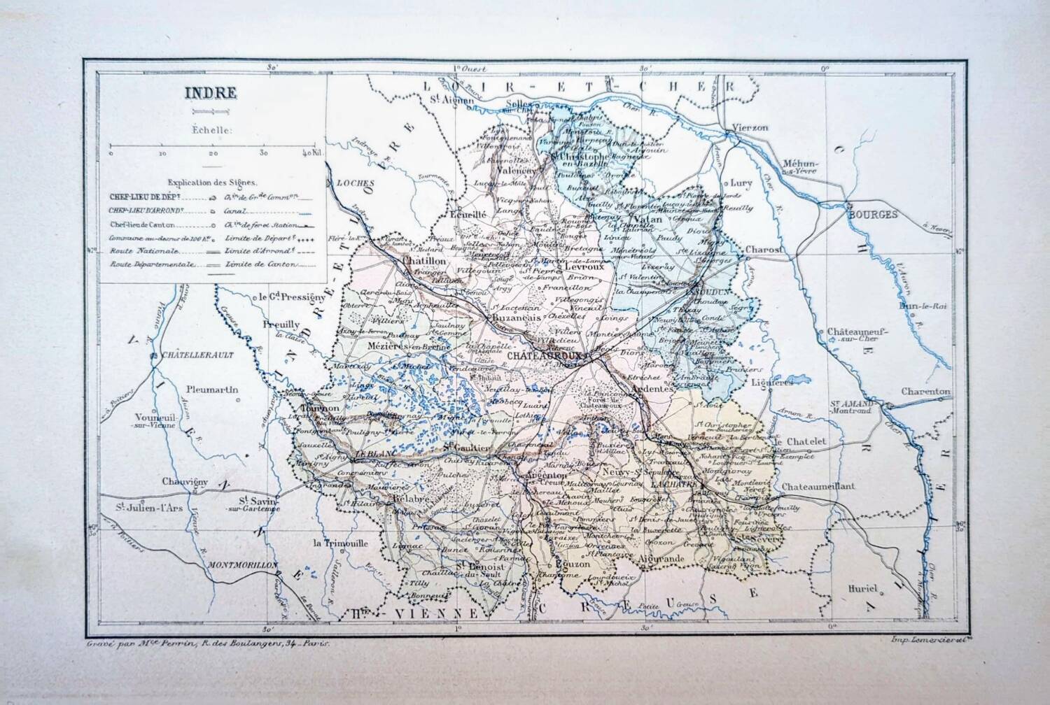 Map of Indre, printed in 1889. Authentic Vintage.