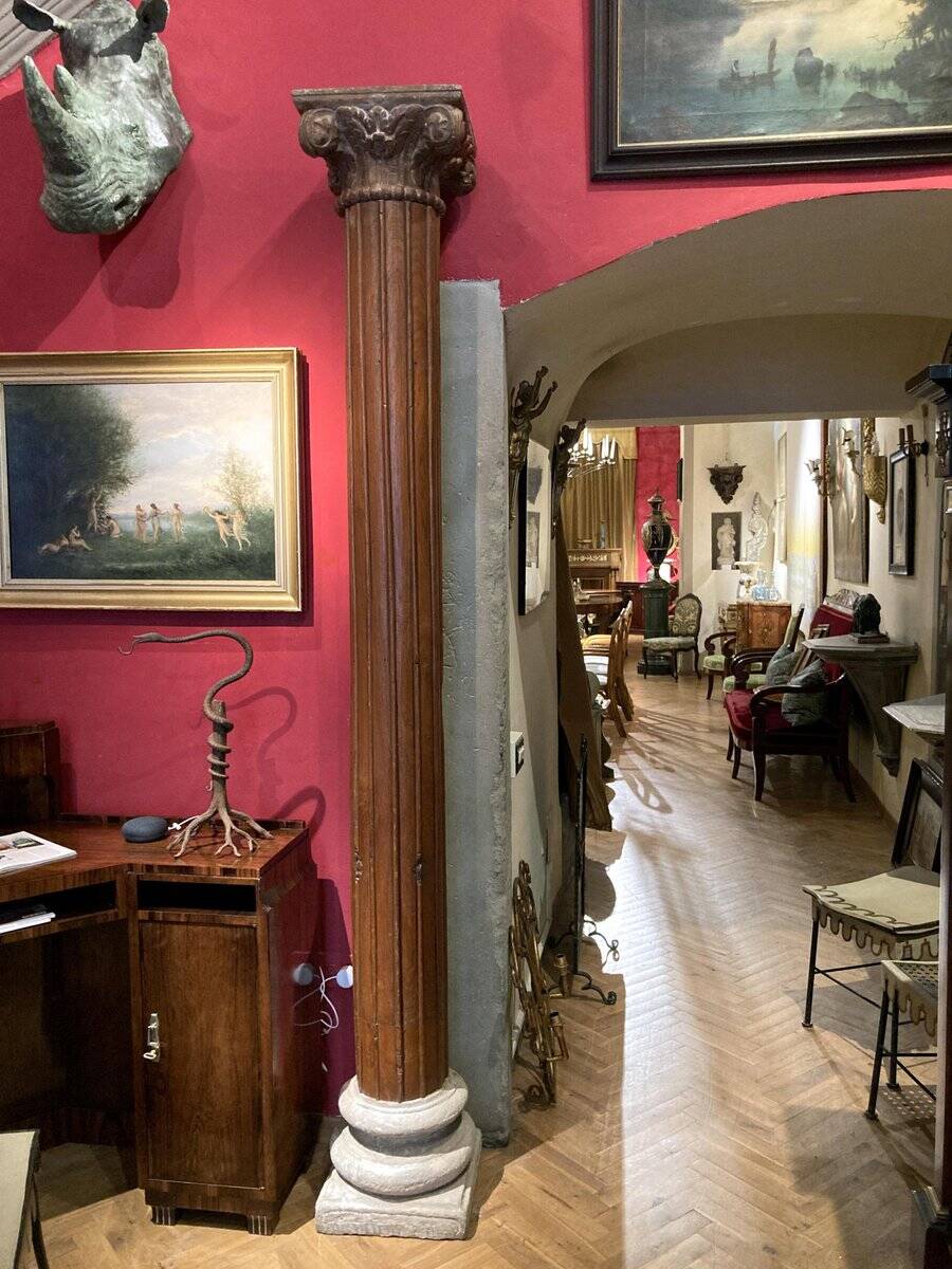 19th Century Italian Architectural Corinthian Wood Columns on Sandstone Plinths, Set of 2