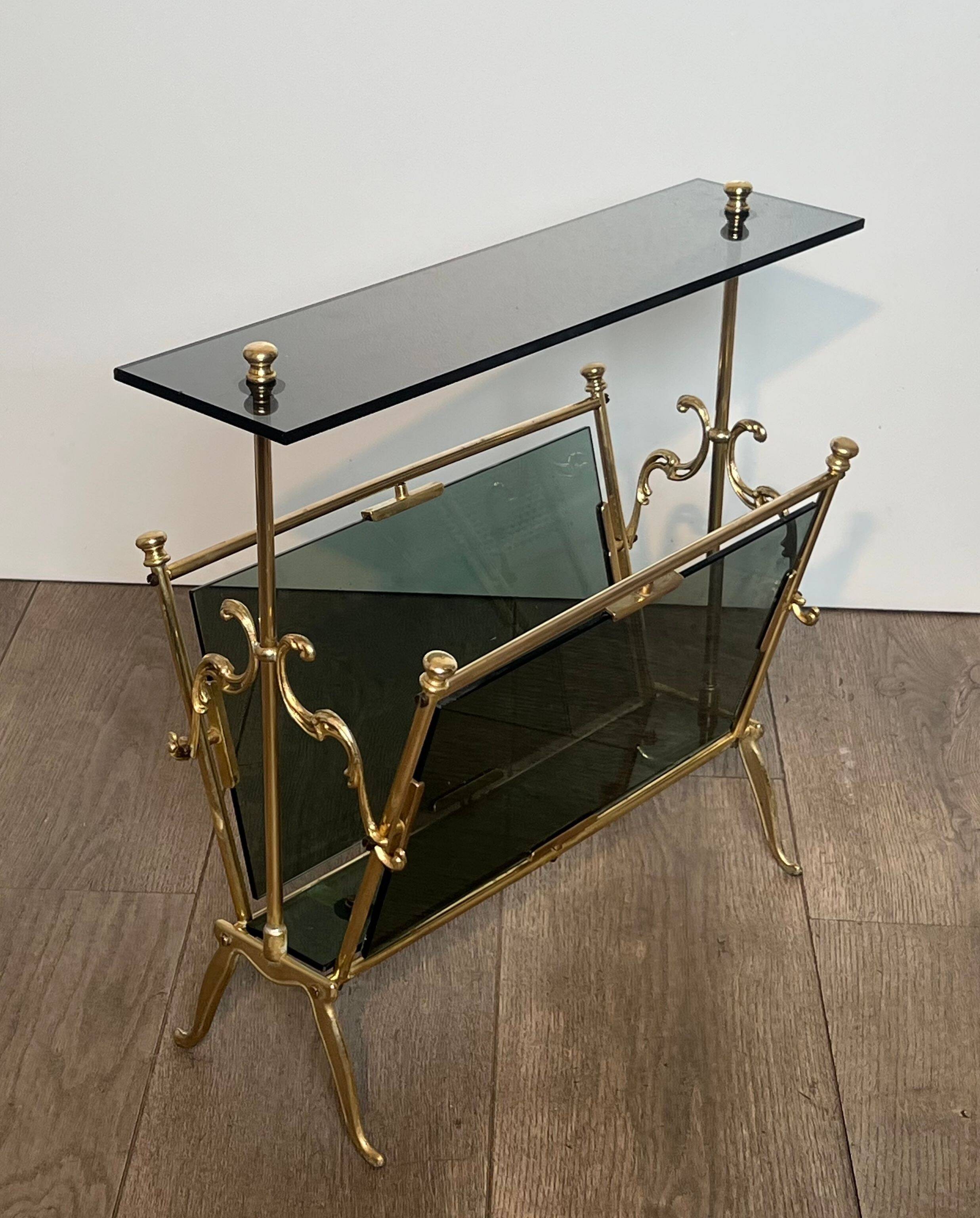 Brass magazine rack and blue-tinted glasses