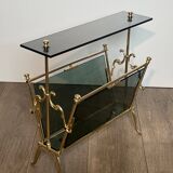 Brass magazine rack and blue-tinted glasses