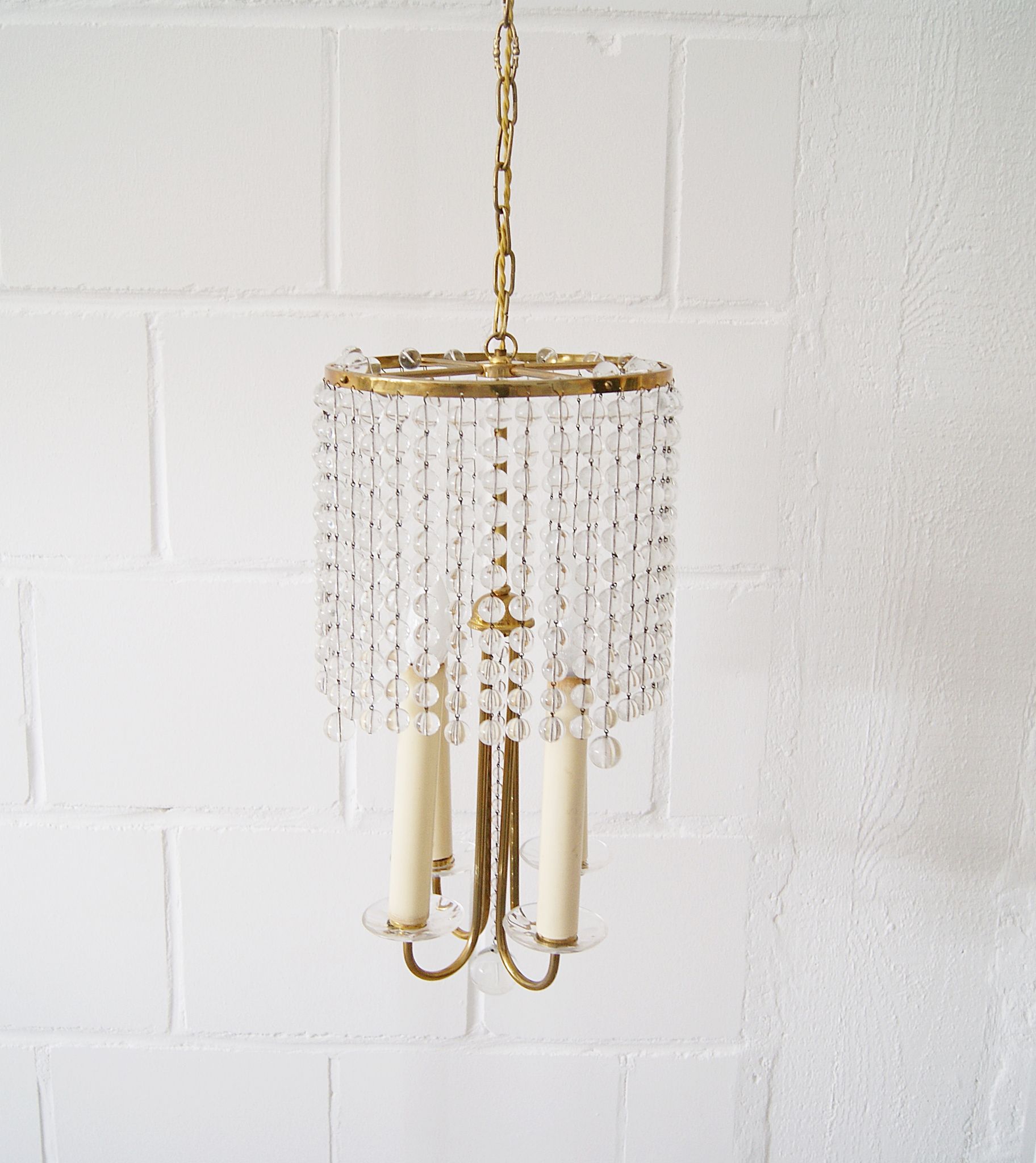 Chandelier antique four flames with glass beads, brass, boho lamp