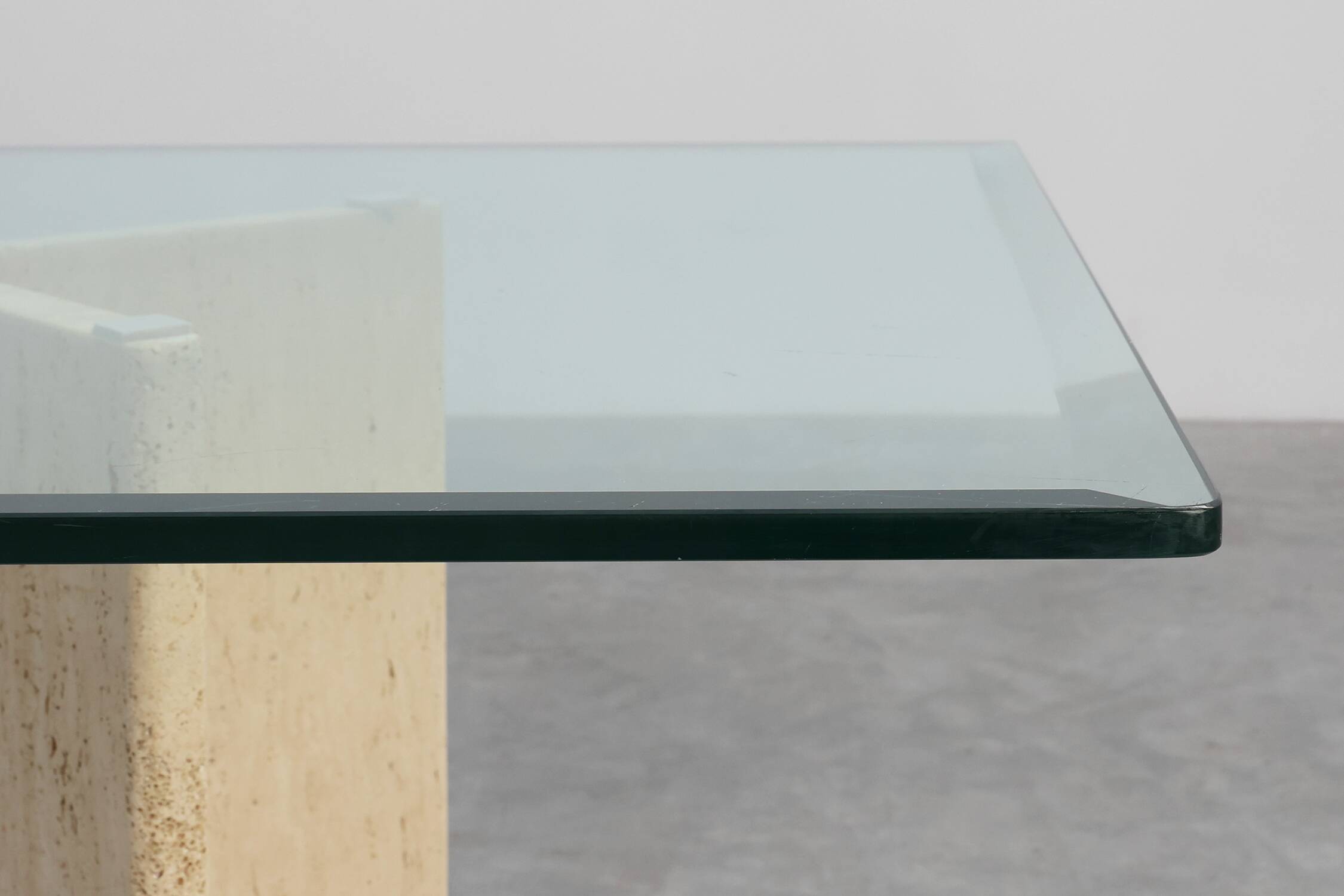 Mid‑Century Italian Dining Table with Glass Top and Travertine Base, 1970s