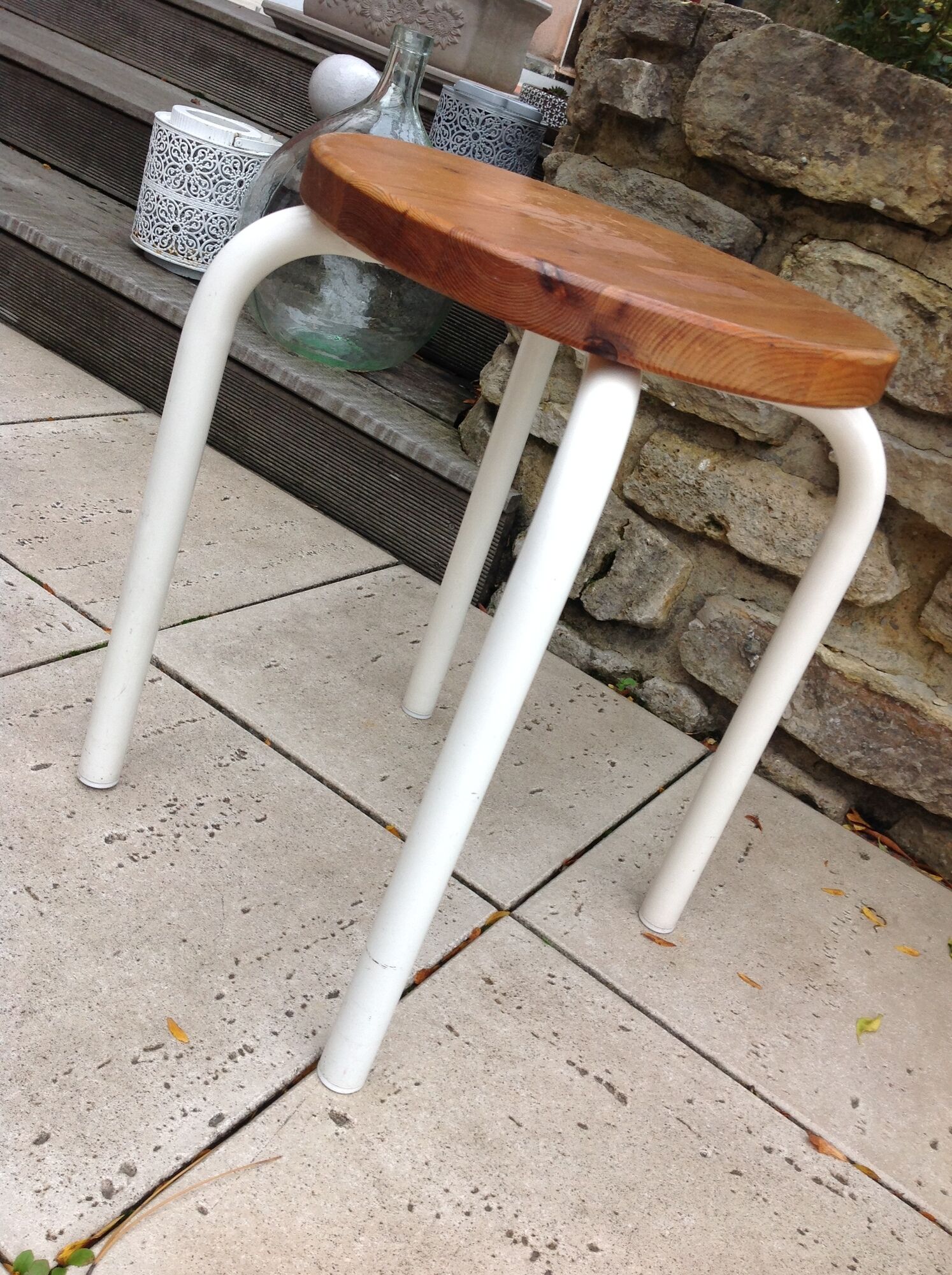 Old wooden stool and white lacquered feet industrial style, 60-70